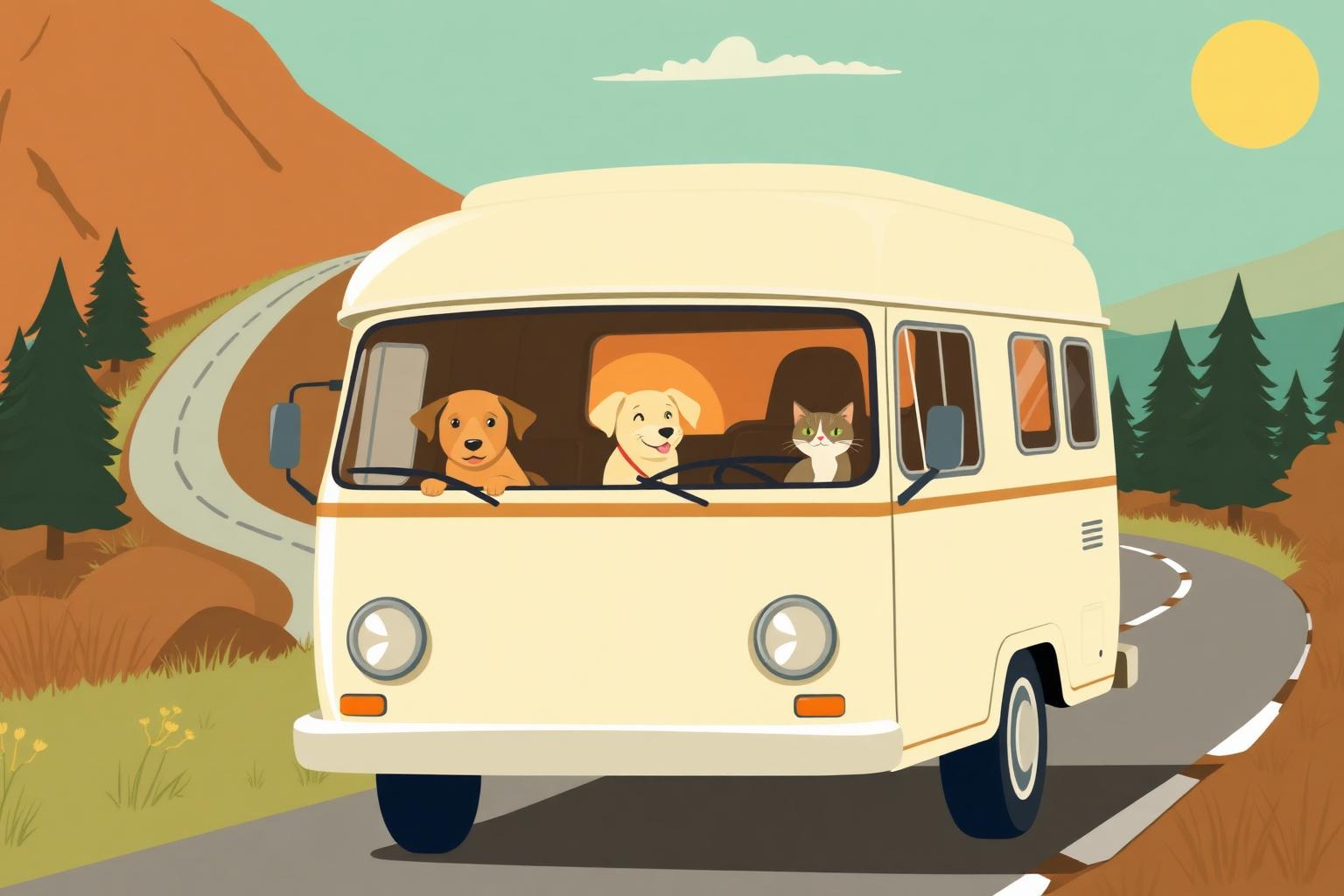 Tegnet campingbus med hund og kat på vej gennem europæisk landskab